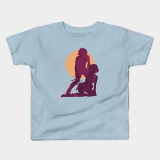 Danmachi Or Is It Wrong To Try Or Dungeon Ni Deai Season 4 Anime Characters Bell And Ryuu Bleeding In Red Minimalist Sunset Vintage Design Kids T-Shirt